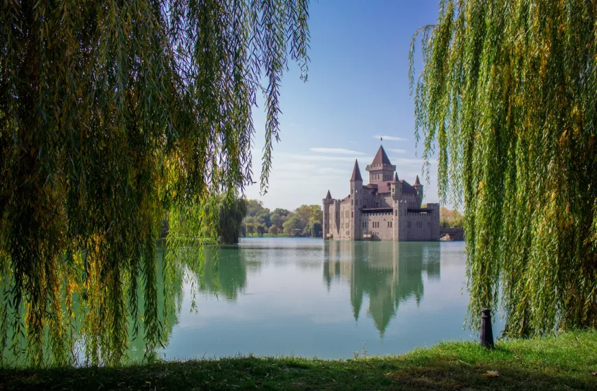A castle across some water, maybe a lake or a bay